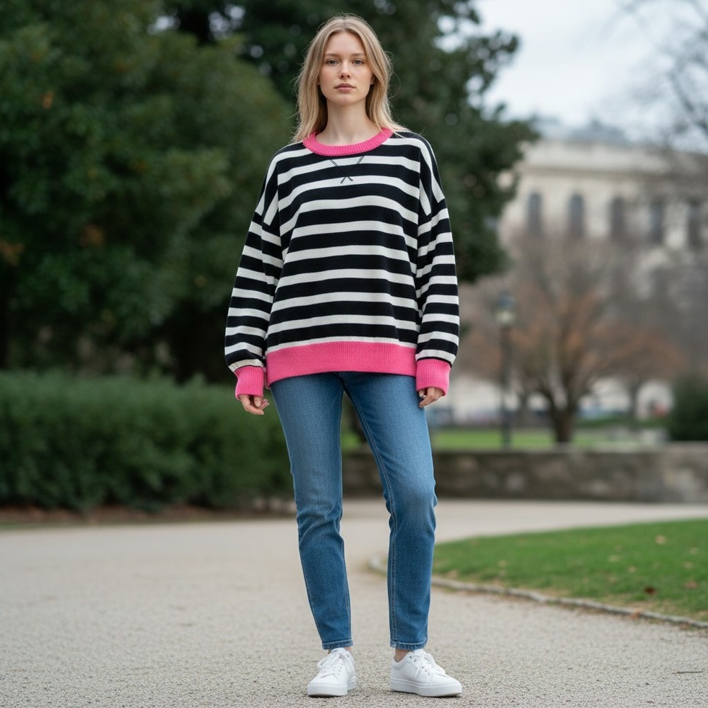 Bucket List Striped Sweatshirt Womens Black White Pink Trim Long Sleeve Relaxed